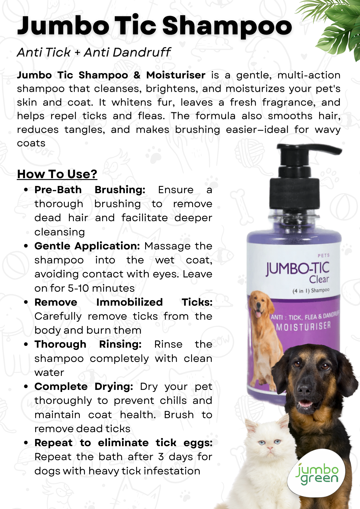 ജംബോ ടിക് ഷാംപൂ: വളർത്തുമൃഗങ്ങൾക്കുള്ള ഗ്രൂമിംഗും കണ്ടീഷണറും
